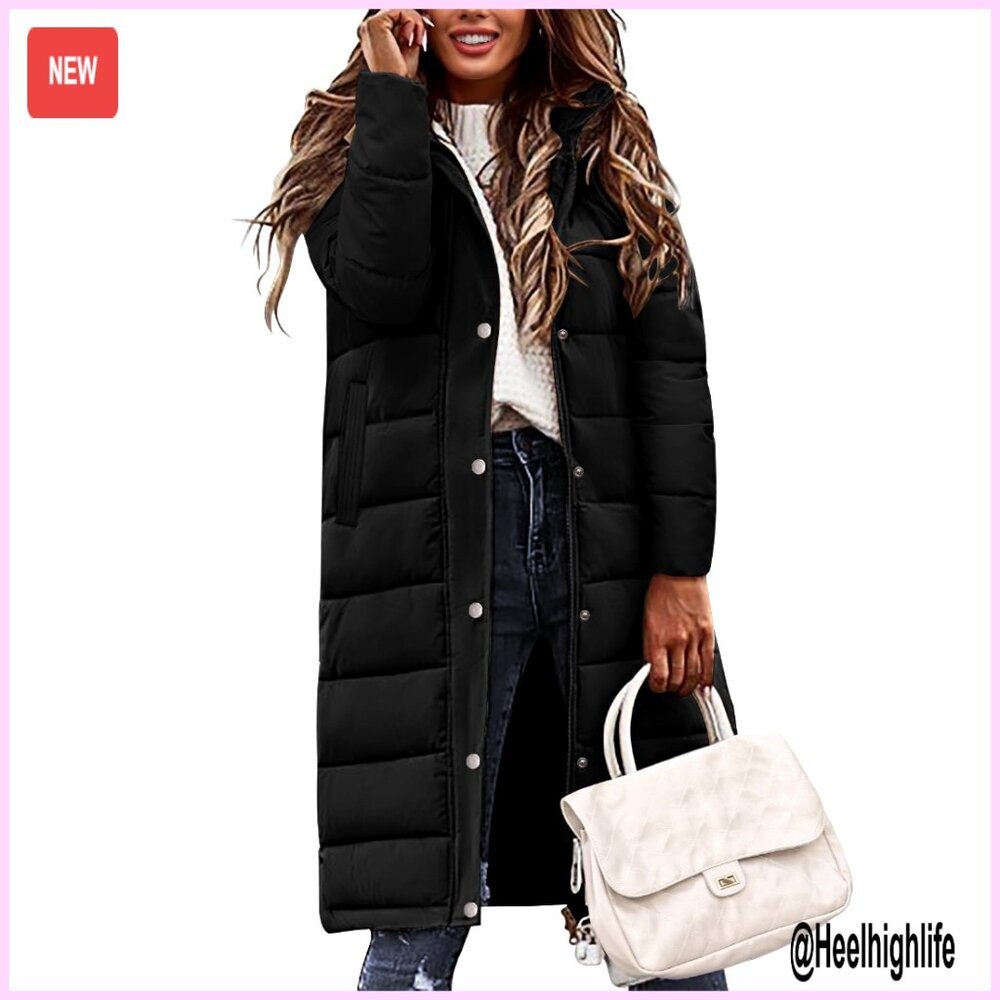 Women's Long Puffer Coat with Hood, Side Zippers, Warm Quilted Jacket for Winter
